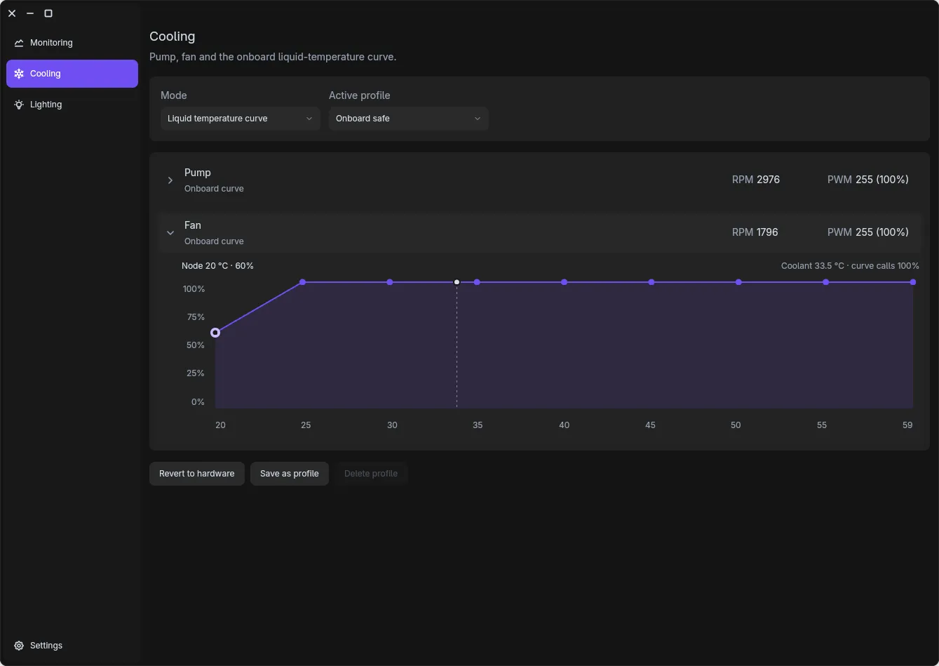 Kori's cooling page on Linux: pump and fan duty with the onboard liquid-temperature curve