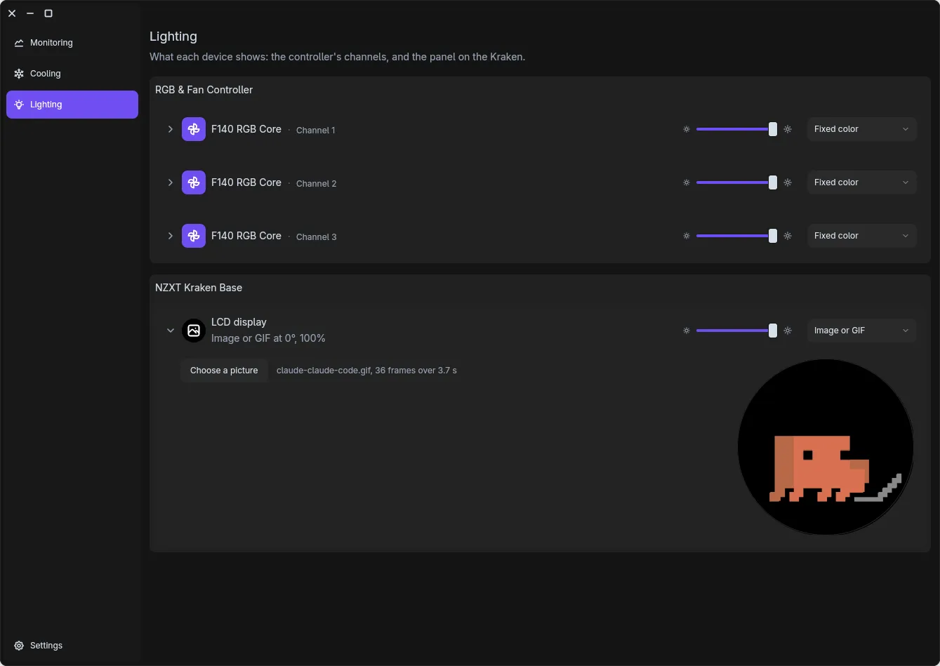 Kori's lighting page on Linux: per-channel RGB on the controller and the Kraken LCD panel