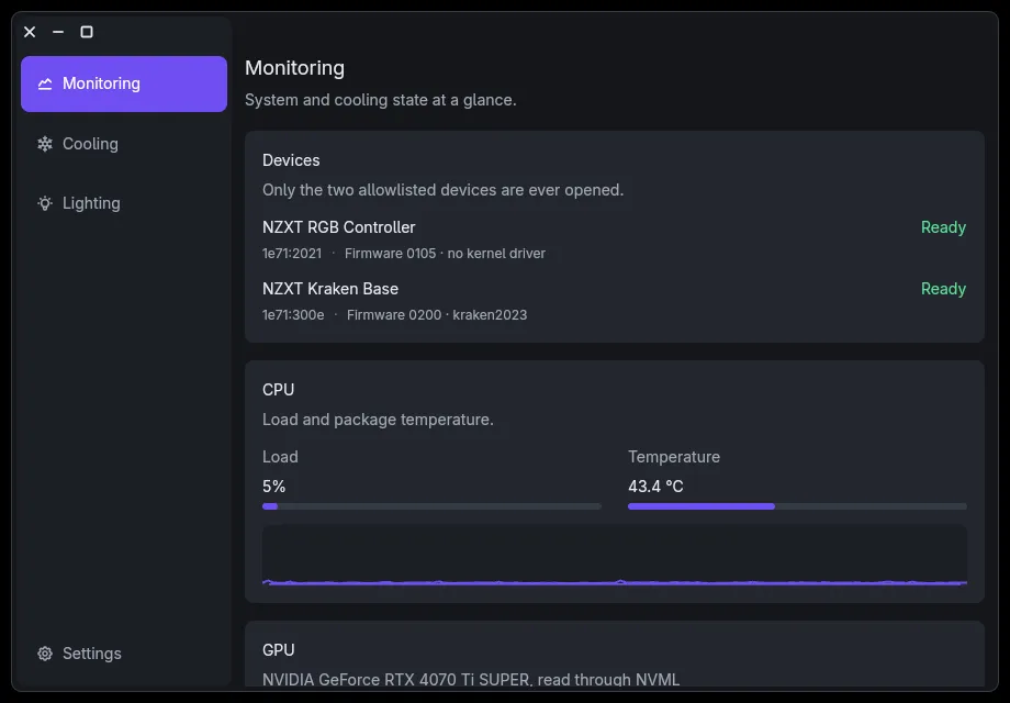 Kori monitoring a Kraken cooler on Linux: liquid temperature, pump and fan speeds, and CPU load